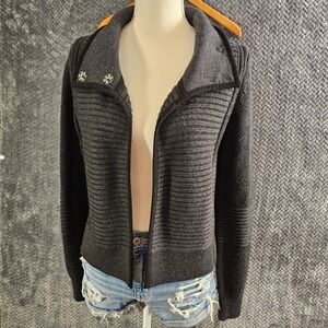 Banana Republic Merino Wool Ribbed Cardigan Raven Grey Suede Piping 129230 Small